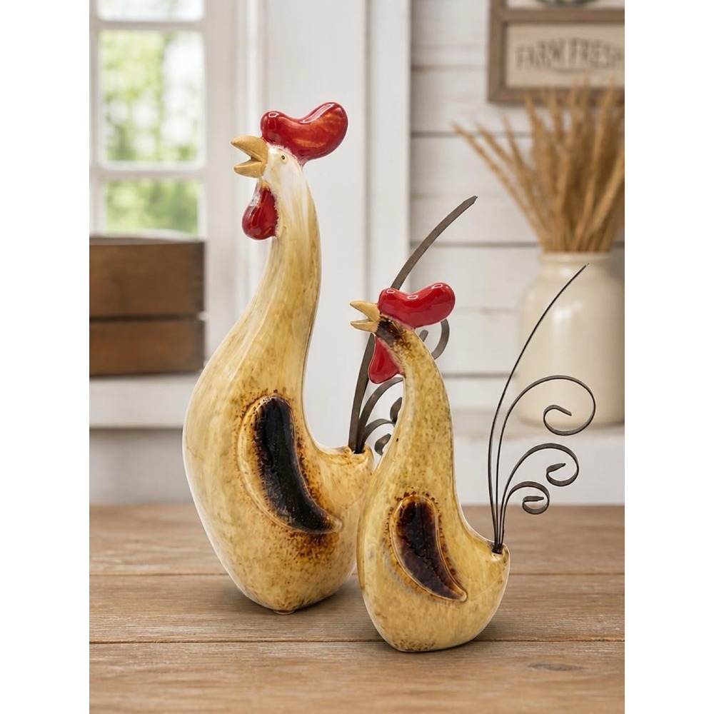 Ceramic Rooster Figurine Set Tan Red Farmhouse Decor Metal Tail 2 Piece